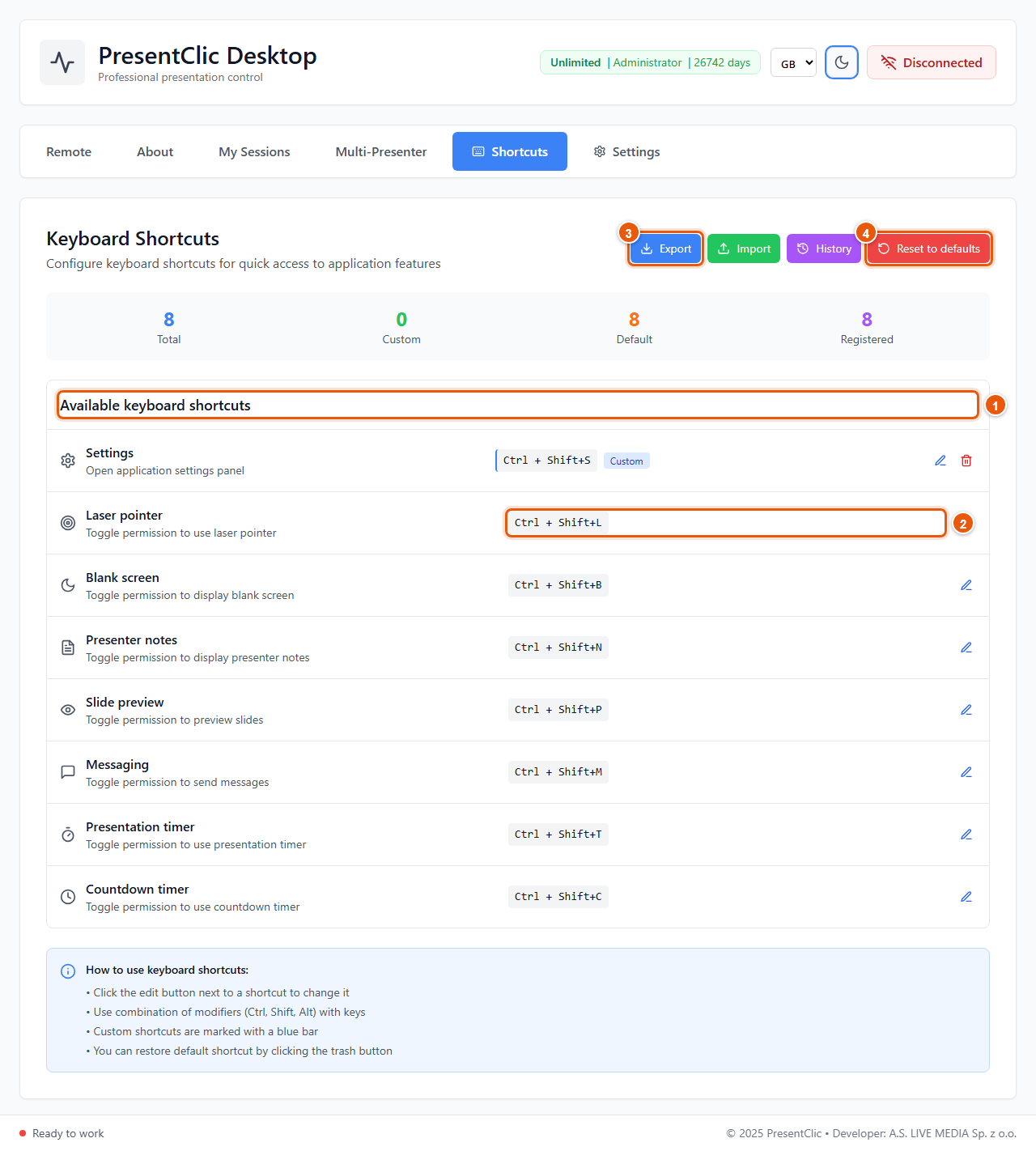 List and editing of shortcuts
