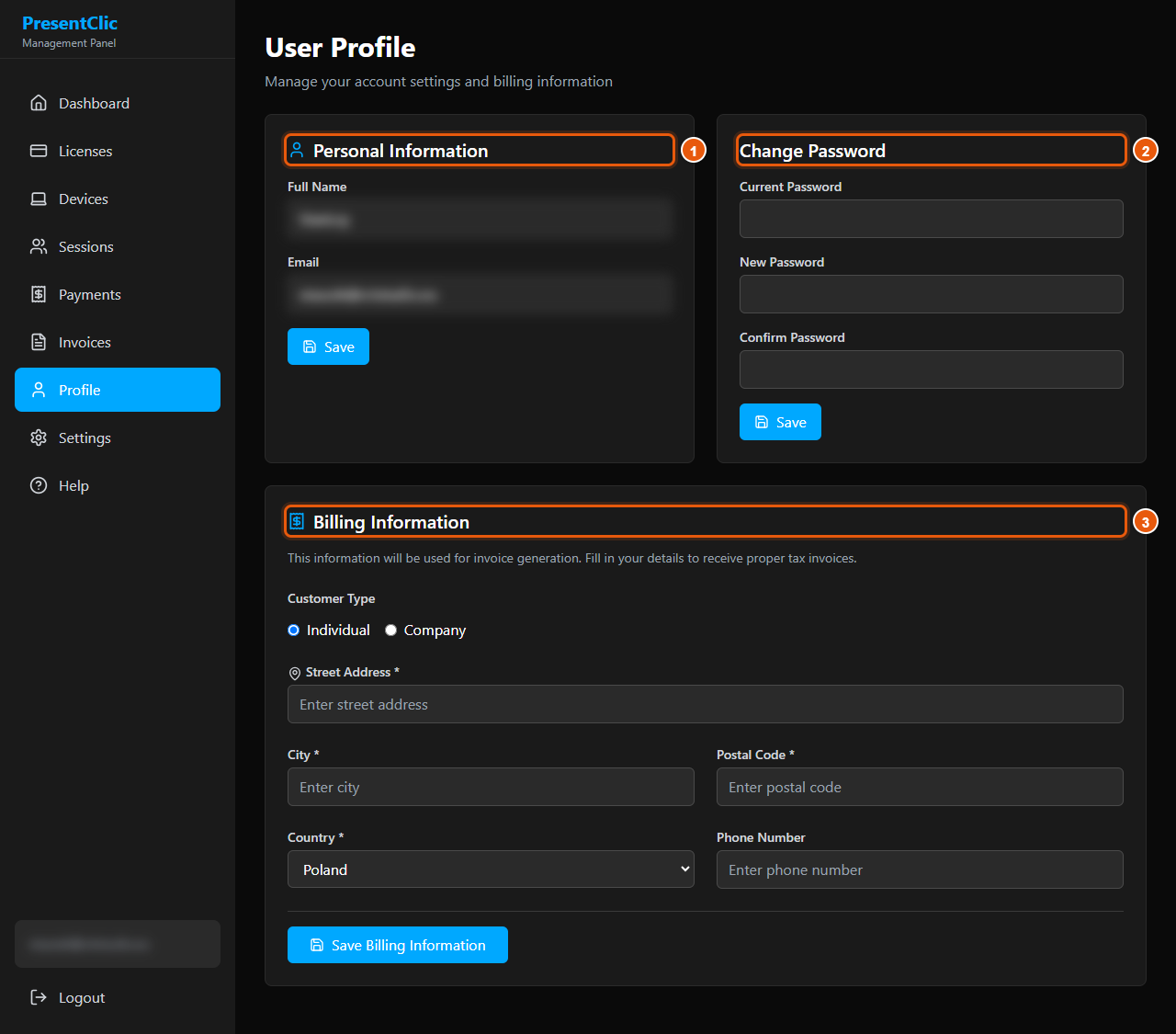 Profile — personal details, password, billing details